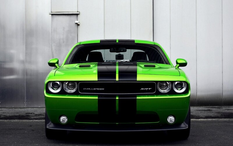 Green Dodge Challenger — Dramatic, Photograph, Car, Stripes