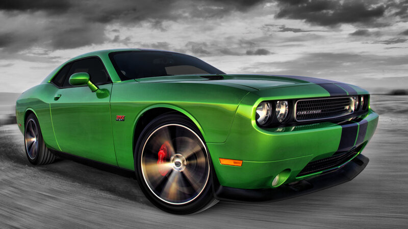 Green Dodge Challenger — Dramatic, Photograph