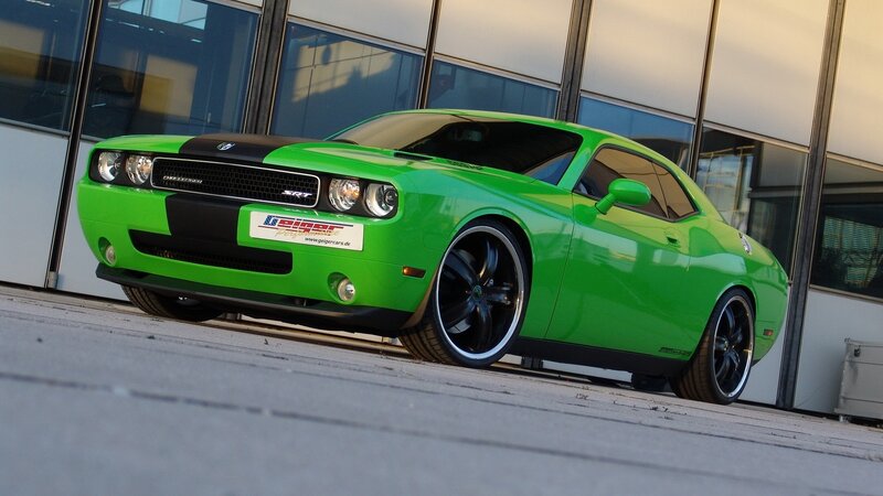 Green Dodge Challenger — Dramatic, Sunset