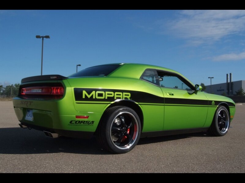 Green Dodge Challenger — Lime Green, Clear, Afternoon, Photograph, Car, Parking Lot