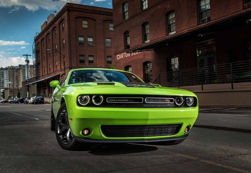 Green Dodge Challenger — Lime Green, Dramatic, Afternoon, Photograph, Brick Building
