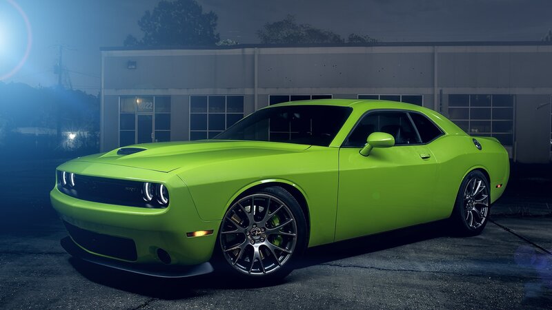 Green Dodge Challenger — Lime Green, Dramatic, Night