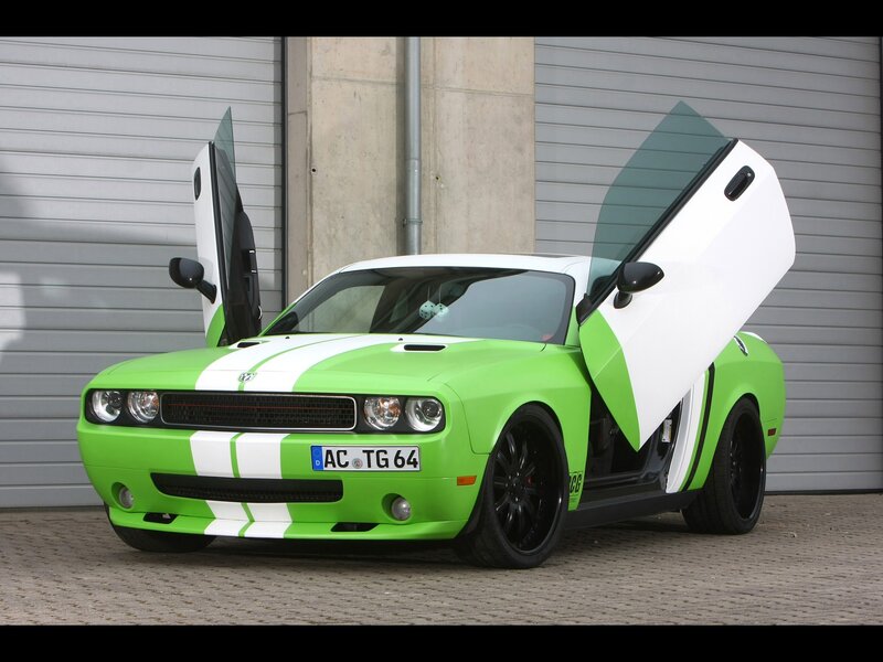 Green Dodge Challenger — Lime Green, Dramatic, Photograph, Car Door