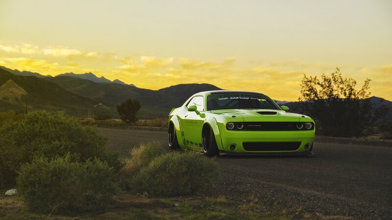 Green Dodge Challenger — Lime Green, Dramatic, Sunset
