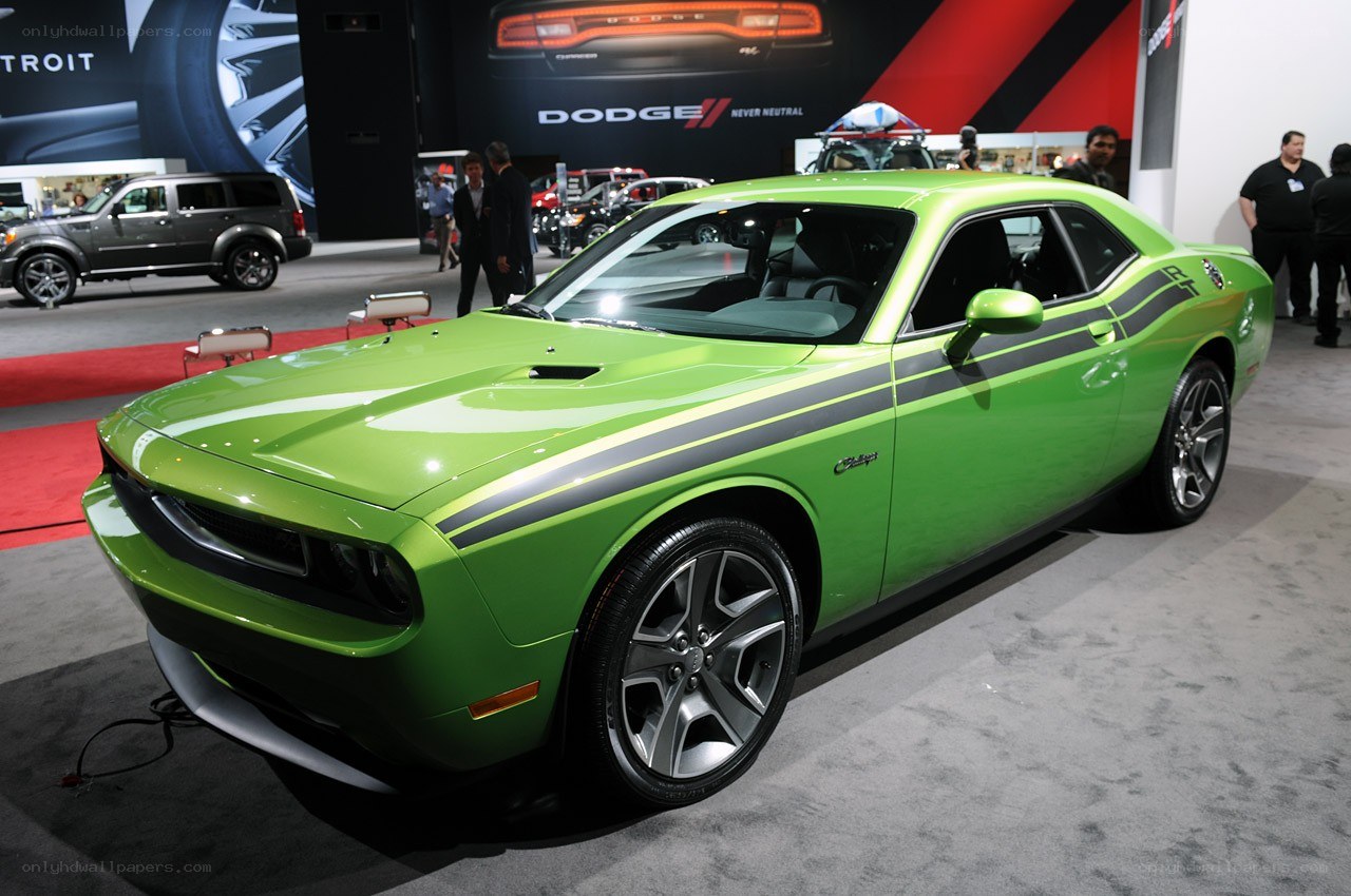 Green Dodge Challenger on display