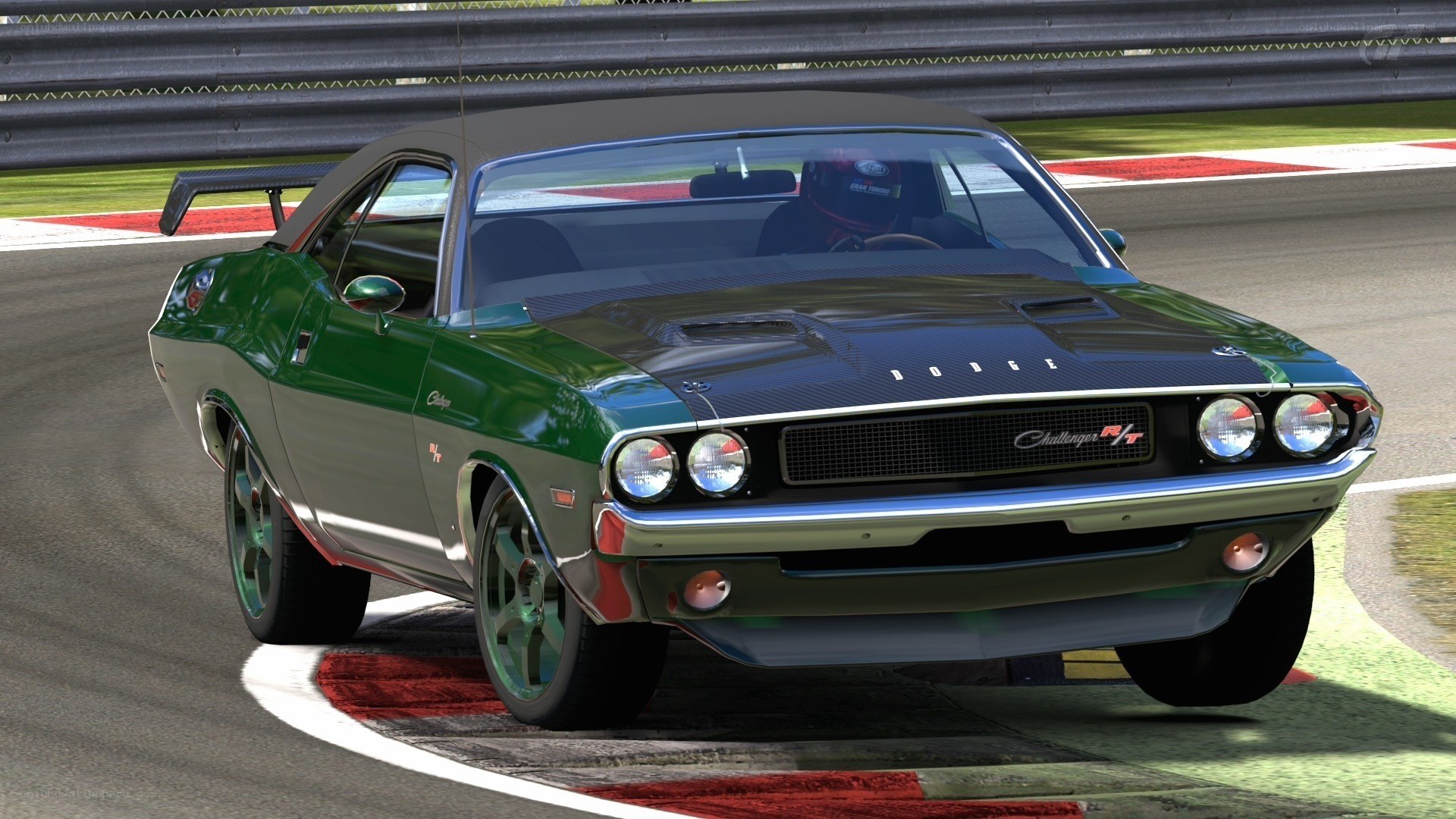 Green Dodge Challenger on racetrack