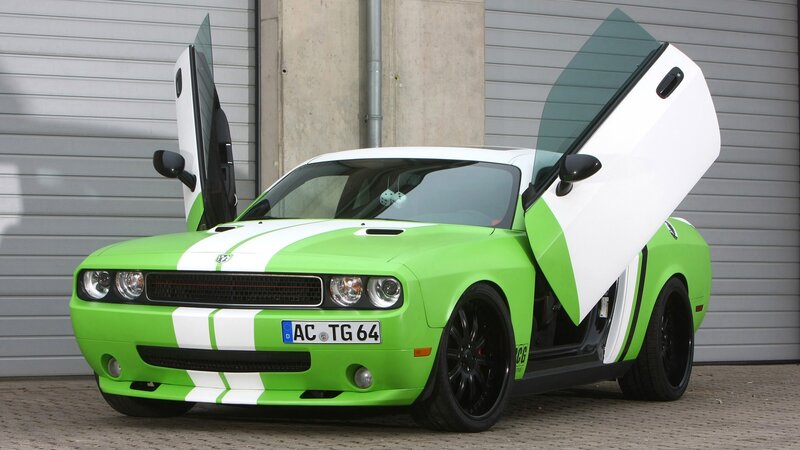 green dodge challenger with gullwing doors