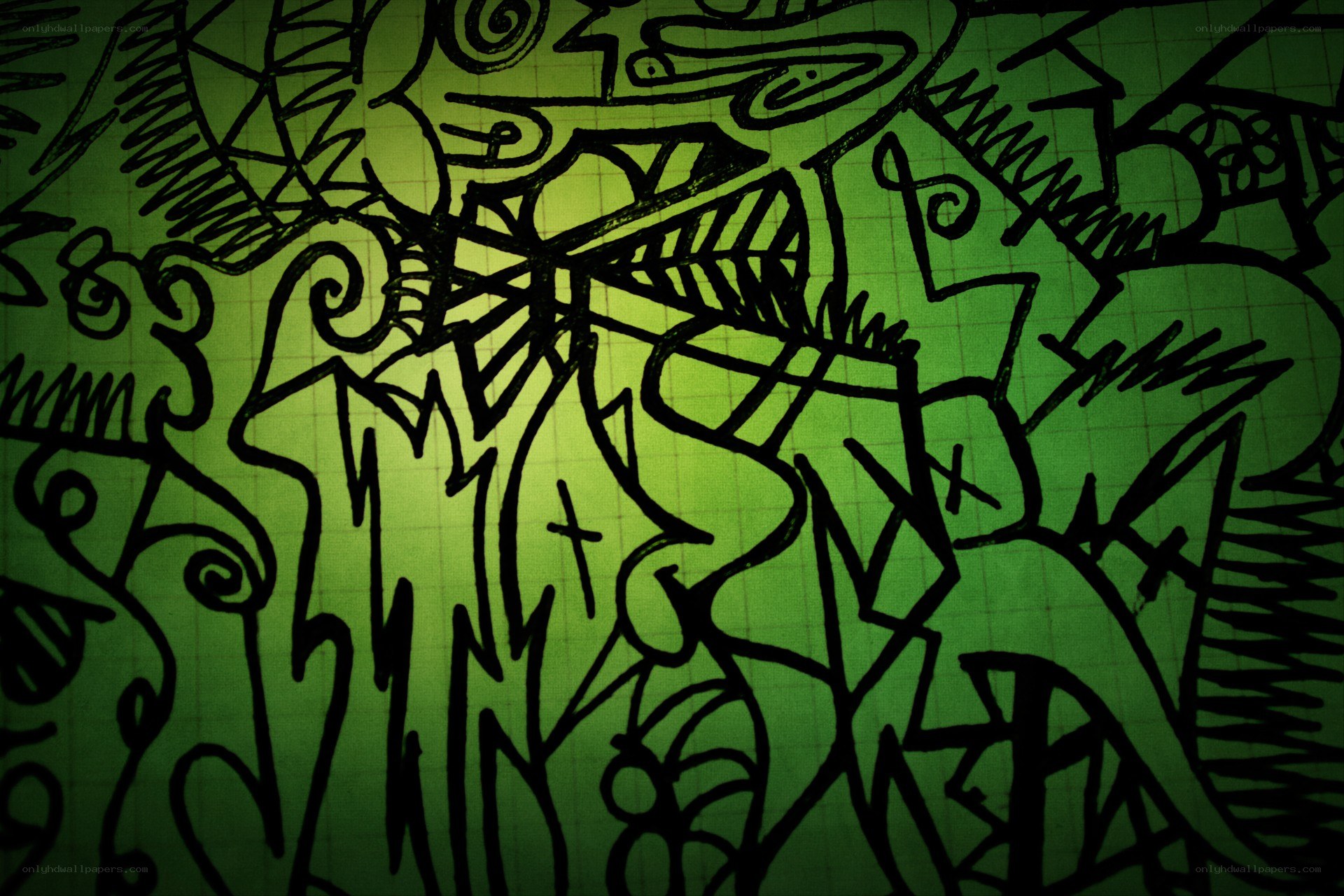 green doodle art on graph paper