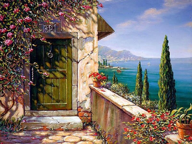 Green Door with Flowers — Blue