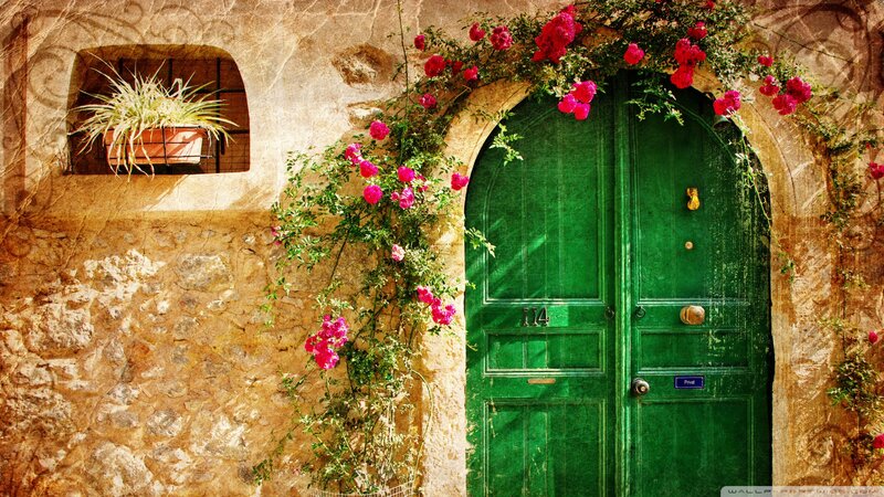 Green Door with Flowers — Serene, Afternoon, Photograph