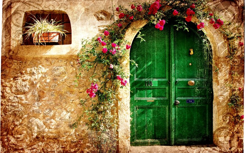 Green Door with Flowers — Serene