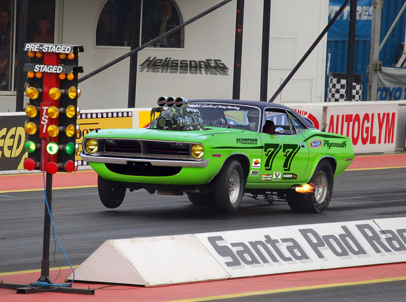 Green Drag Racing Car — Dynamic, Afternoon, Photograph, Race Track