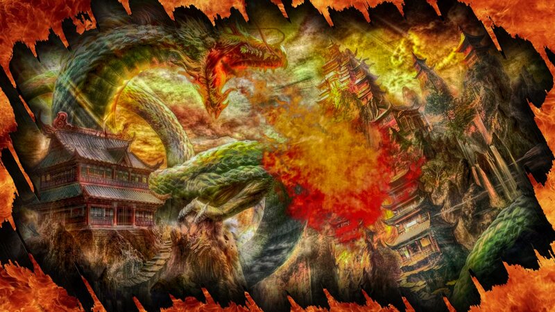Green Dragon Attacking Temple — Red, Dramatic