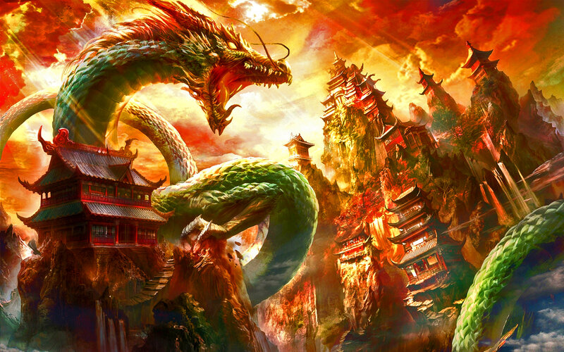 Green Dragon Attacking Temple — Red