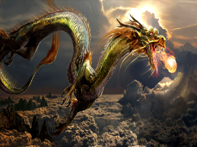Green Dragon Breathing Fire — Dramatic, Sunset