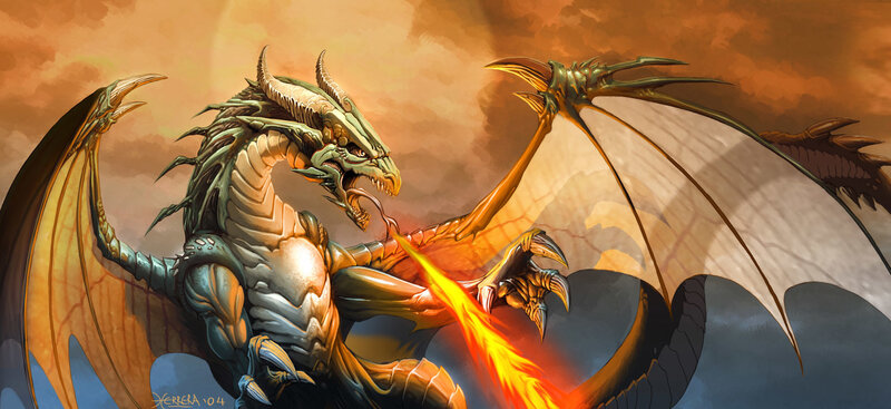 Green Dragon Breathing Fire — Orange