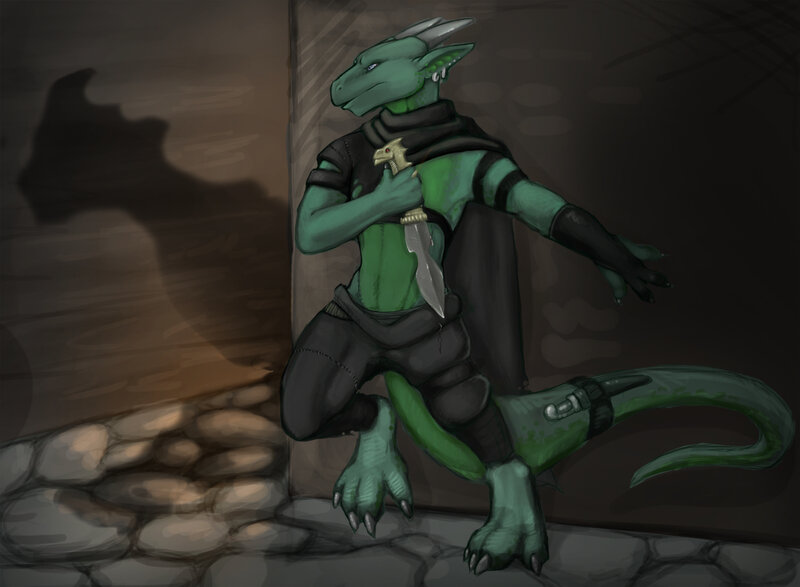 green dragon character with dagger