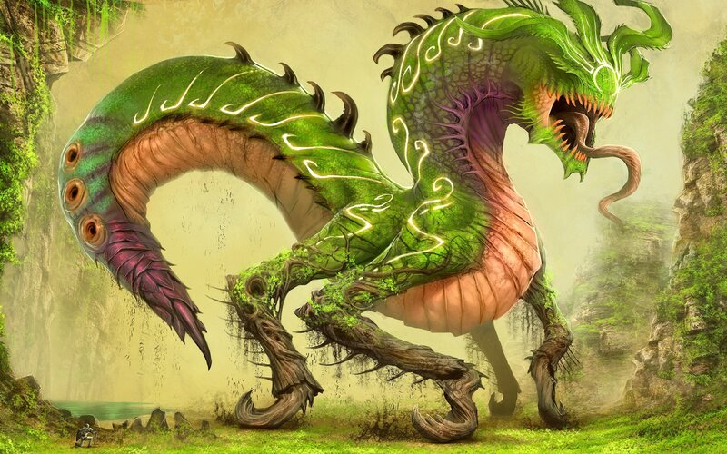 Green Dragon Creature — Dramatic, Digital Art, Mountain