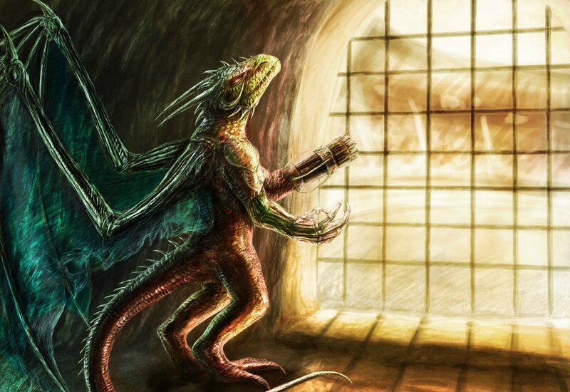 Green Dragon Creature — Dramatic, Digital Art, Window