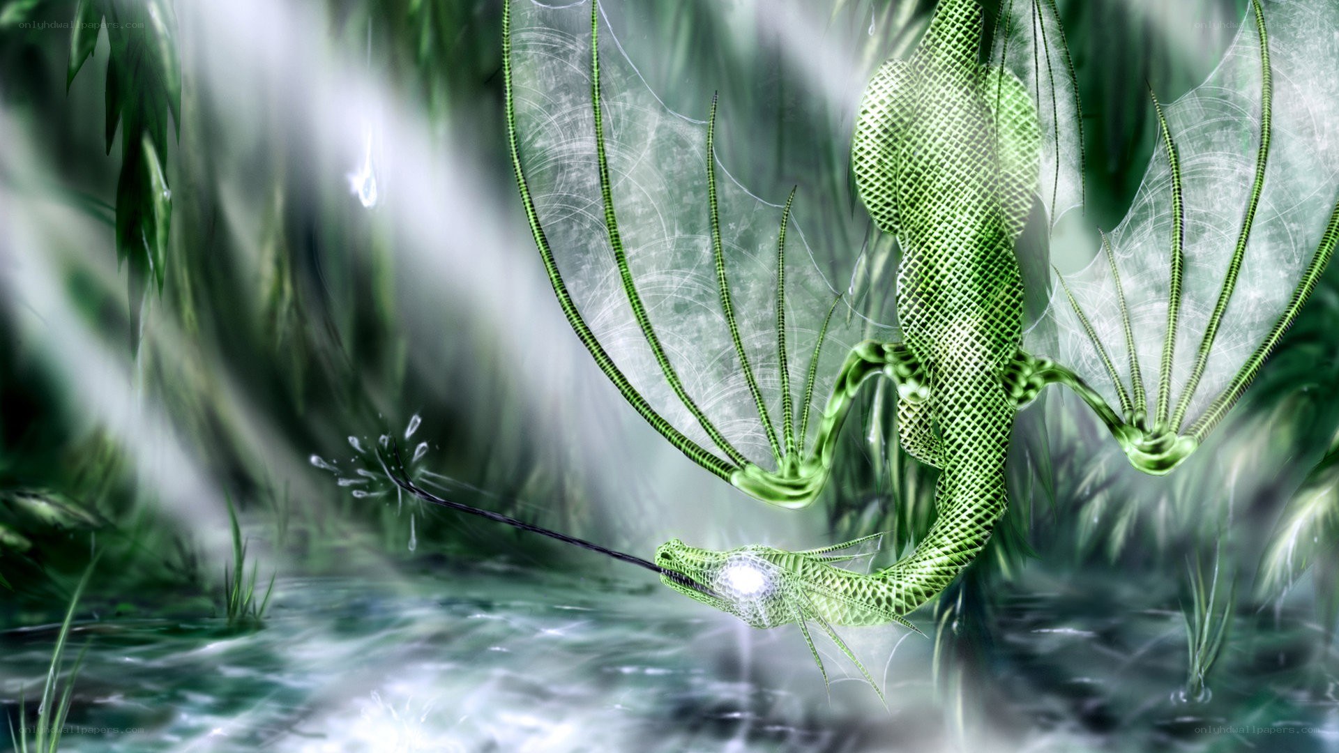 green dragon drinking from stream