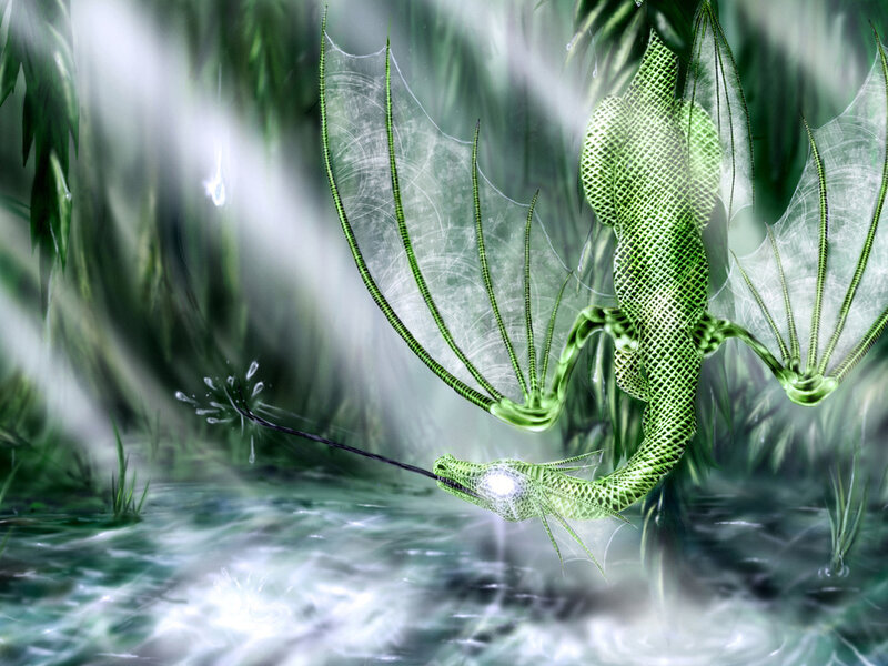 Green Dragon Drinking Water — Serene, Digital Art