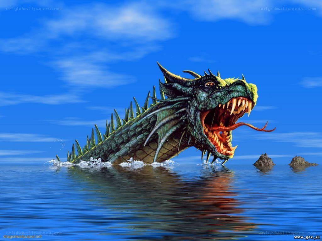Green dragon emerging from sea