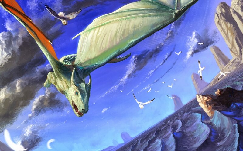 Green Dragon Flying — Blue, Dramatic, Afternoon, Digital Art