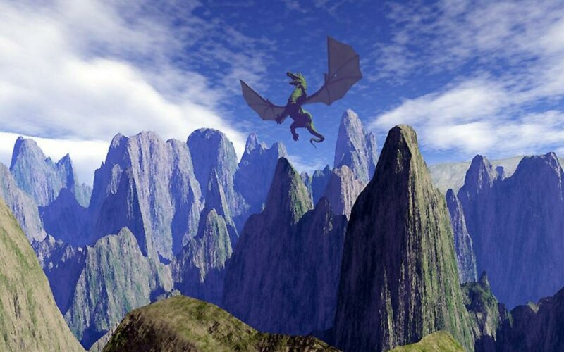 Green Dragon Flying — Blue, Dramatic, Afternoon