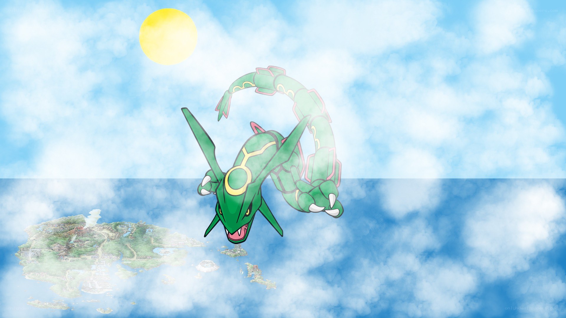 Green dragon flying over island