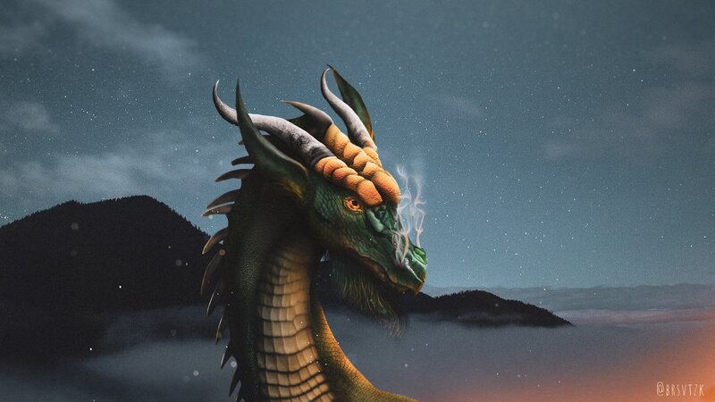 Green Dragon Head — Dramatic, Night, Digital Art