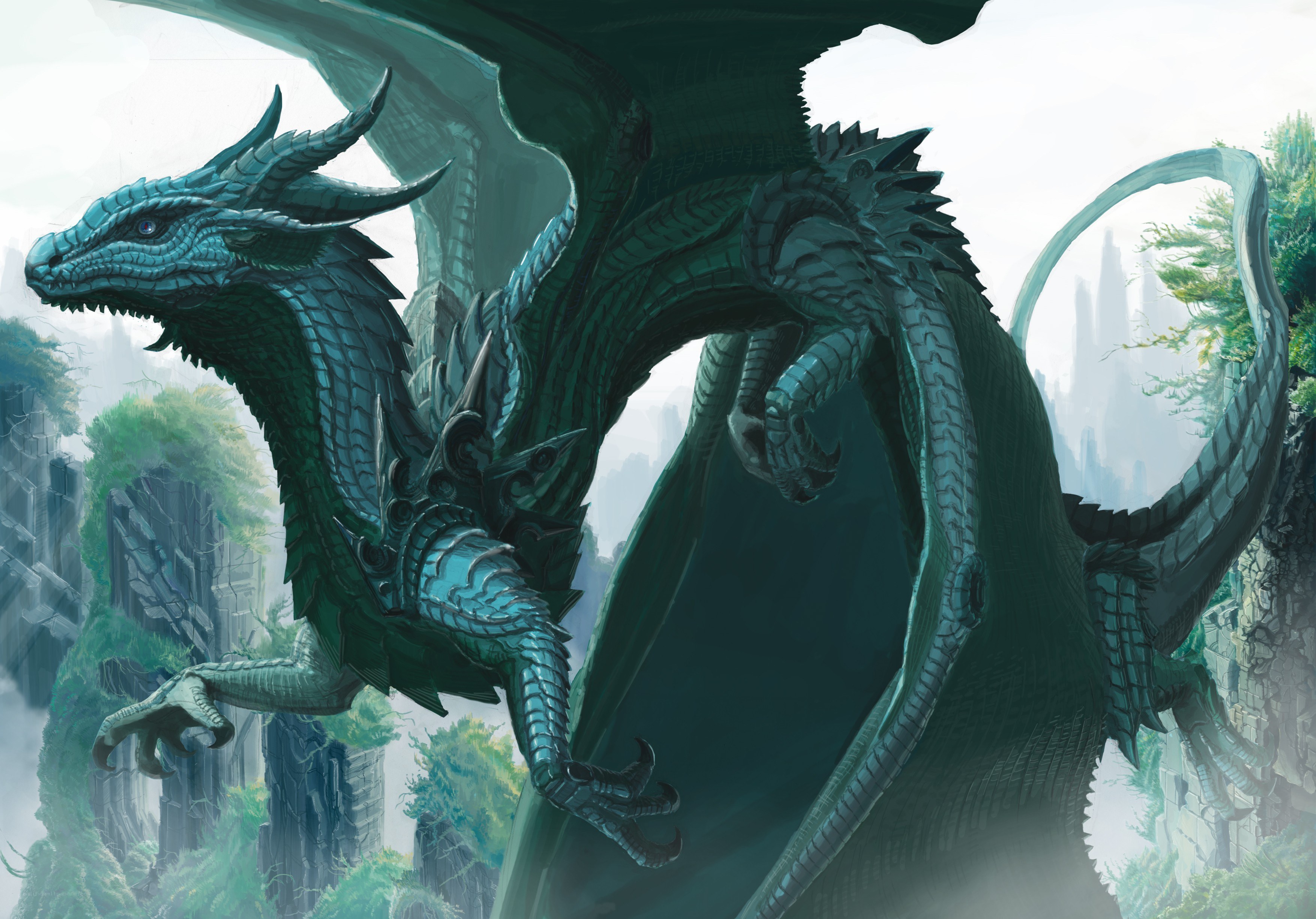 Green dragon in a misty forest
