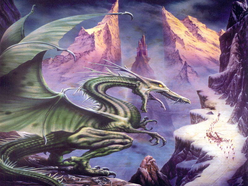 Green dragon in a mountainous landscape