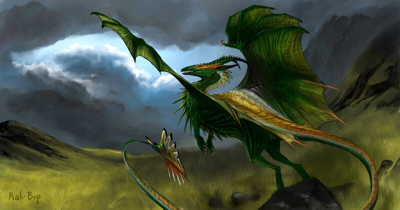 Green dragon in a stormy landscape