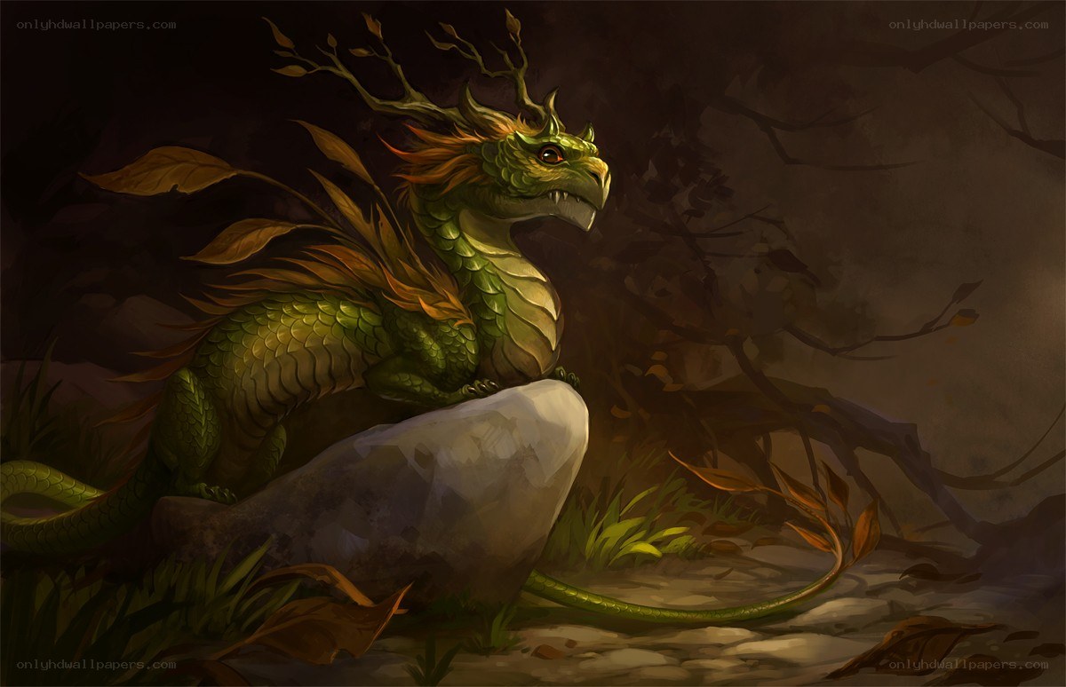 Green dragon in autumn forest
