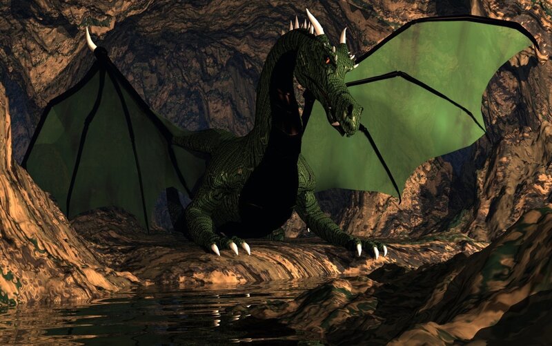 Green Dragon in Cave — Dramatic, 3d Render
