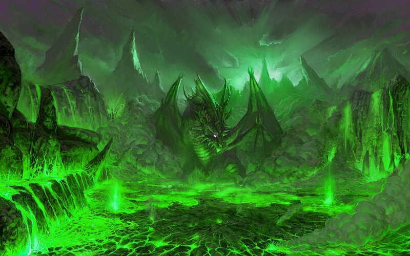 Green Dragon in Cave — Dramatic, Night