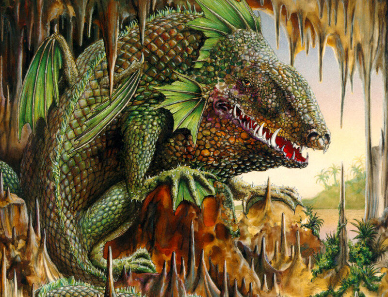 Green Dragon in Cave — Dramatic, Sunset
