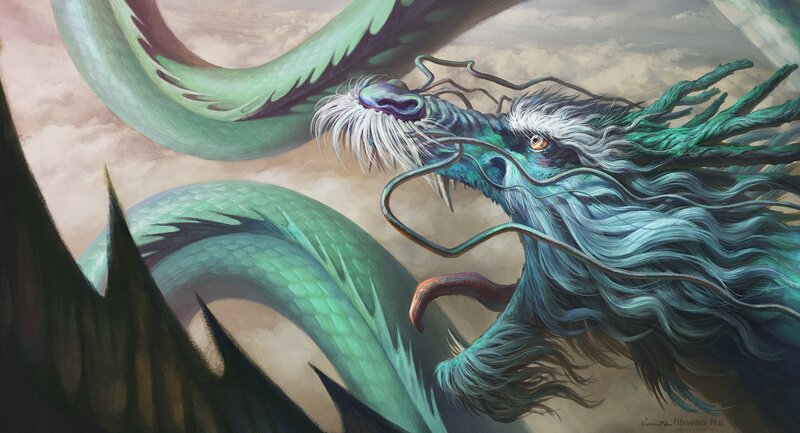 Green Dragon in Clouds — Dramatic, Digital Art