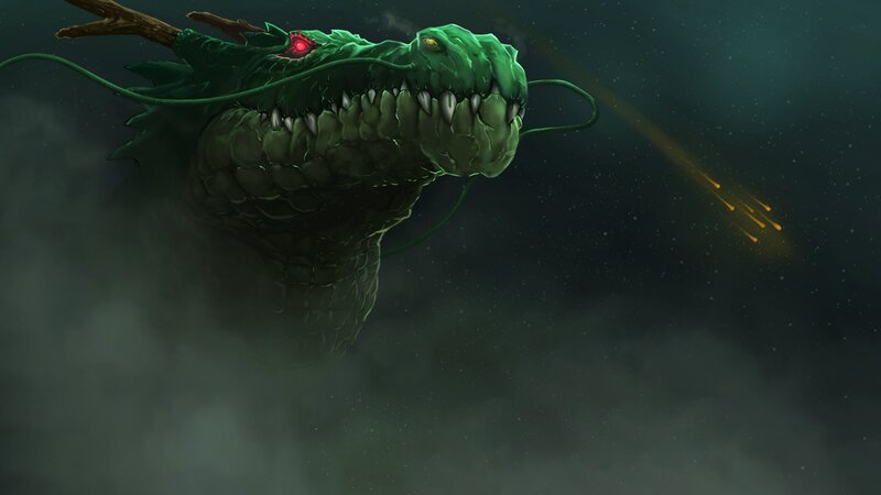 Green Dragon in Clouds — Dramatic, Night