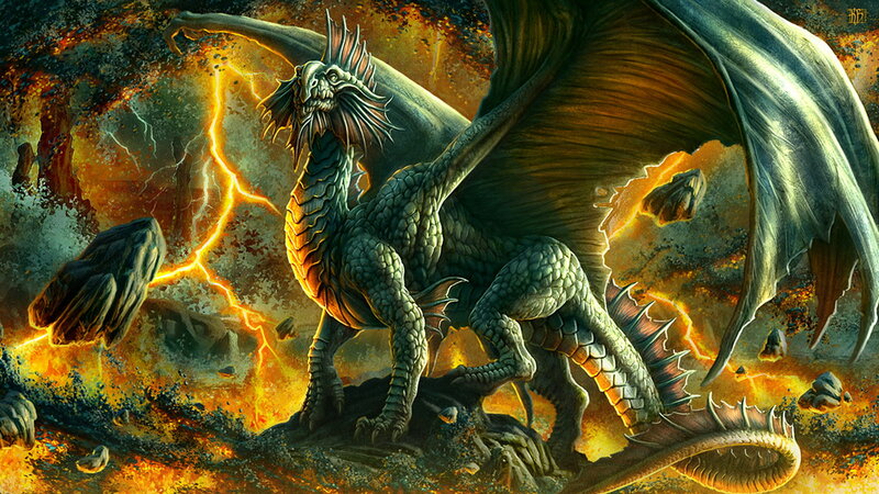Green Dragon in Fire — Orange, Dramatic