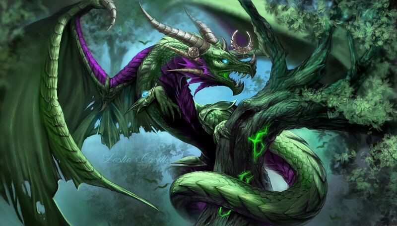Green Dragon in Forest — Dramatic, Digital Art