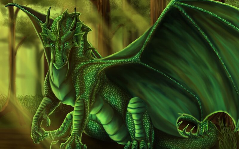 Green Dragon in Forest — Dramatic, Digital Art, Wings, Scales