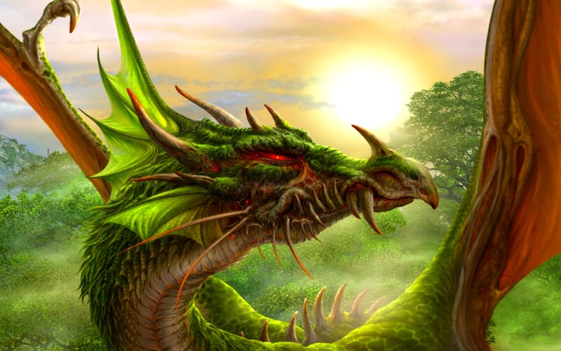 Green Dragon in Forest — Dramatic, Sunset