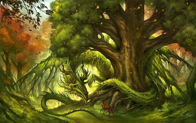 Green Dragon in Forest — Serene, Autumn