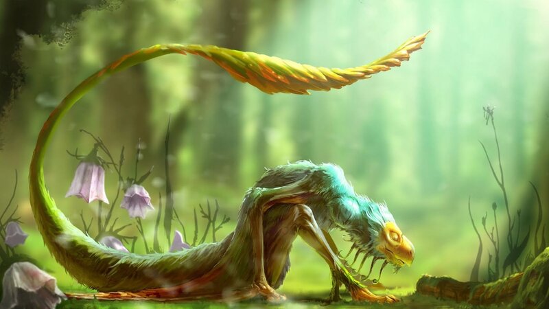 Green Dragon in Forest — Serene, Morning, Digital Art