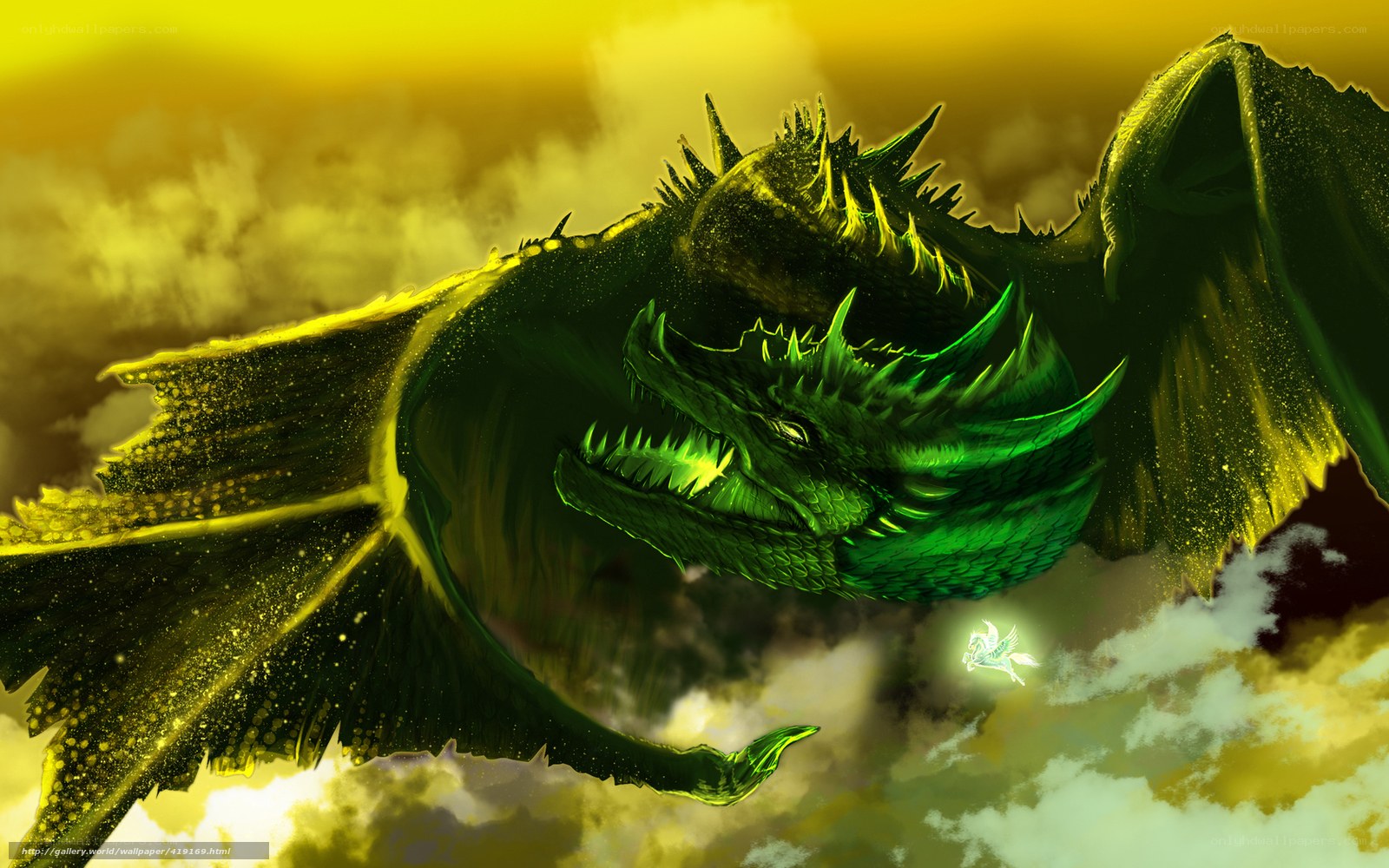 Green dragon in golden sky