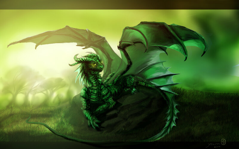 green dragon in misty forest