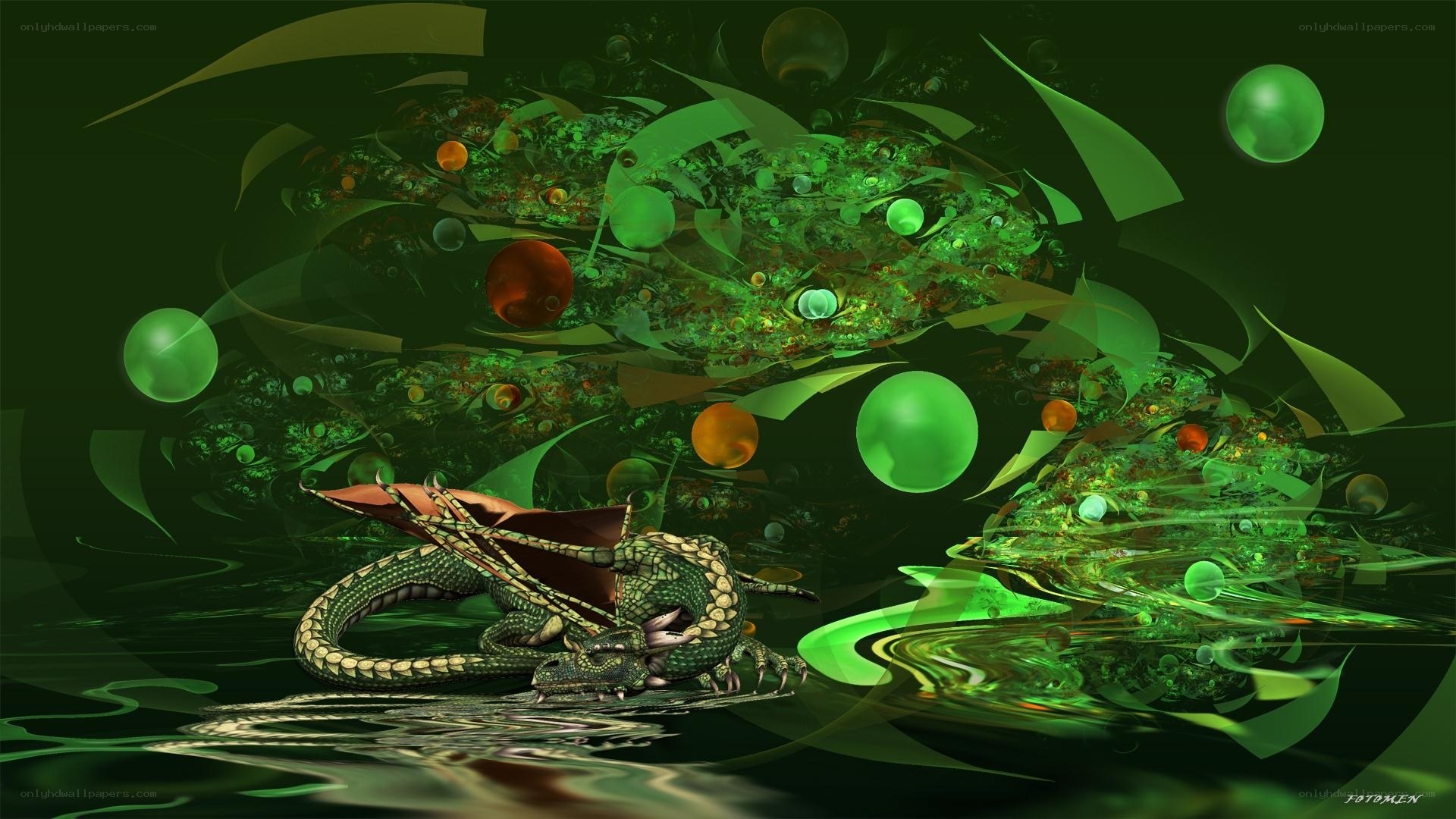 Green dragon in mystical realm