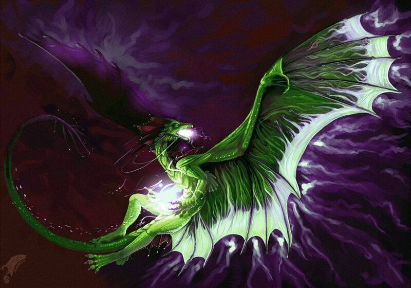 Green dragon in purple storm