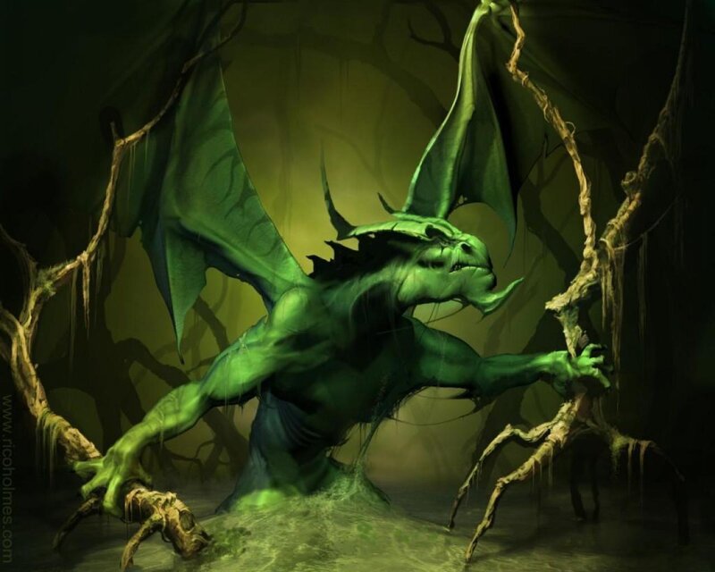 Green Dragon in Swamp — Dark, Night, Digital Art